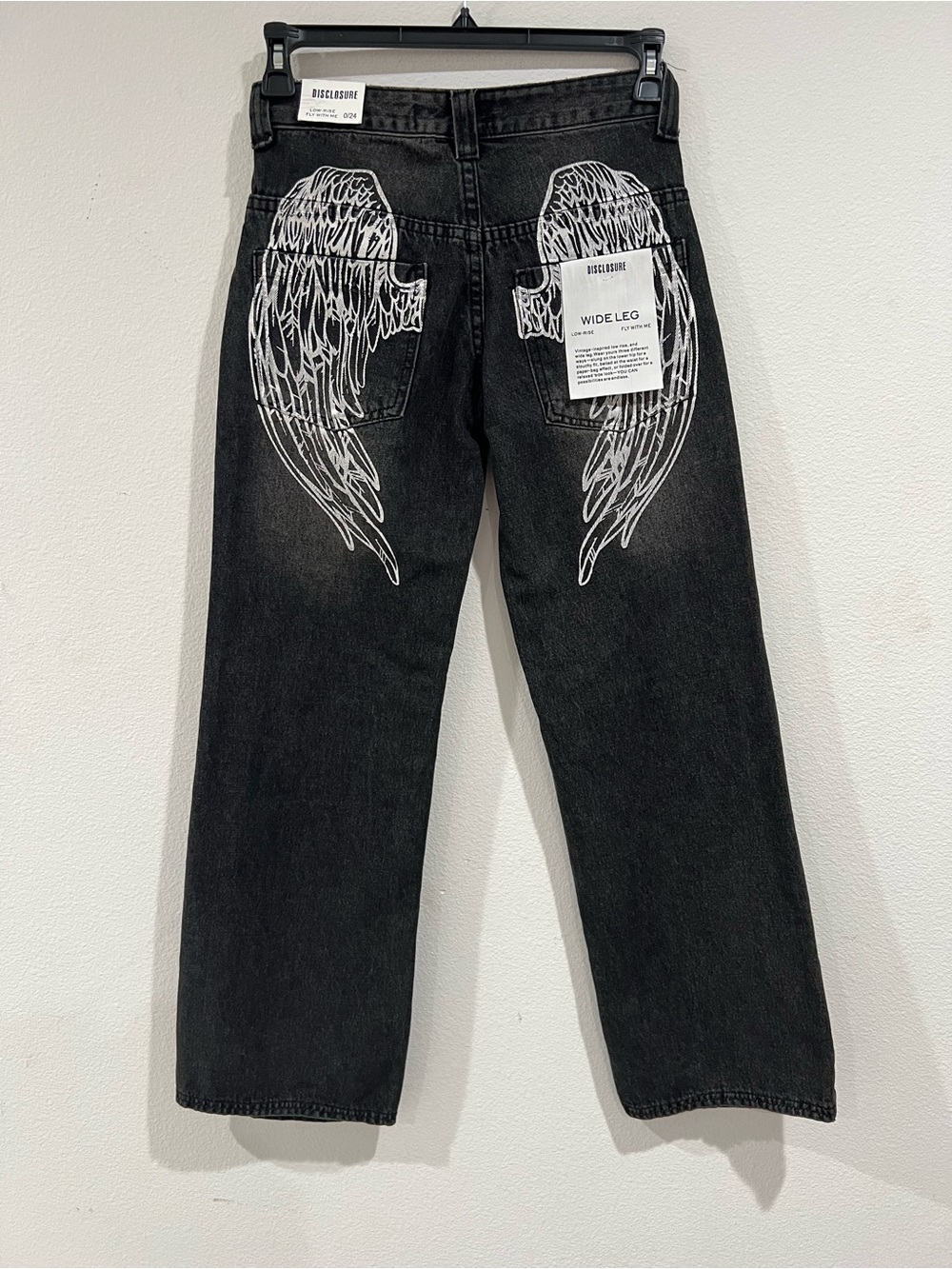 NWT Disclosure Fly With Me Angel Wing Wide Leg Jeans Low Rise Black Denim 24